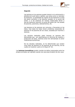 Tecnología productiva de lácteos. Calidad de la leche 
Segundo 
Las lesiones en los pezones pueden devenir en la eliminación o pérdida de la piel sana o epitelio, que actúa como un barredor de bacterias. La posibilidad de ingreso de las bacterias al canal del pezón aumenta si las lesiones suceden en la punta del pezón, o si las prácticas de manejo inadecuadas llevan a que las bacterias colonicen la punta del pezón por mal secado de pezones, pezoneras, deslizamientos, etc. 
Las lesiones en los pezones son comunes y frecuentes en los hatos. Casi todos los hatos tienen problemas ocasionales de lesiones en los pezones de sus vacas, causadas por traumas o lesiones. 
Los estudios realizados sobre lesiones en pezones han demostrado que son significativas en términos de mastitis y producción de leche, mientras otras han demostrado no tener implicancias económicas. 
De los estudios realizados, se ha determinado que existen cinco tipos de lesiones en los pezones de los bovinos, de los cuales se muestran cuatro en la figura N° 20. 
Las lesiones traumáticas pueden resultar de daños ocasionados entre los propios animales, por ejemplo cuando una vaca pisa el pezón de otra vaca. 
 