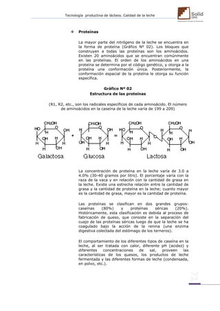 Tecnología productiva de lácteos. Calidad de la leche 
 Proteínas 
La mayor parte del nitrógeno de la leche se encuentra en la forma de proteína (Gráfico Nº 02). Los bloques que construyen a todas las proteínas son los aminoácidos. Existen 20 aminoácidos que se encuentran comúnmente en las proteínas. El orden de los aminoácidos en una proteína se determina por el código genético, y otorga a la proteína una conformación única. Posteriormente, la conformación espacial de la proteína le otorga su función específica. 
Gráfico Nº 02 
Estructura de las proteínas 
(R1, R2, etc., son los radicales específicos de cada aminoácido. El número de aminoácidos en la caseína de la leche varía de 199 a 209) 
La concentración de proteína en la leche varía de 3.0 a 4.0% (30-40 gramos por litro). El porcentaje varía con la raza de la vaca y en relación con la cantidad de grasa en la leche. Existe una estrecha relación entre la cantidad de grasa y la cantidad de proteína en la leche; cuanto mayor es la cantidad de grasa, mayor es la cantidad de proteína. 
Las proteínas se clasifican en dos grandes grupos: caseínas (80%) y proteínas séricas (20%). Históricamente, esta clasificación es debida al proceso de fabricación de queso, que consiste en la separación del cuajo de las proteínas séricas luego de que la leche se ha coagulado bajo la acción de la renina (una enzima digestiva colectada del estómago de los terneros). 
El comportamiento de los diferentes tipos de caseína en la leche, al ser tratada con calor, diferente pH (acidez) y diferentes concentraciones de sal, proveen las características de los quesos, los productos de leche fermentada y las diferentes formas de leche (condensada, en polvo, etc.). 
 