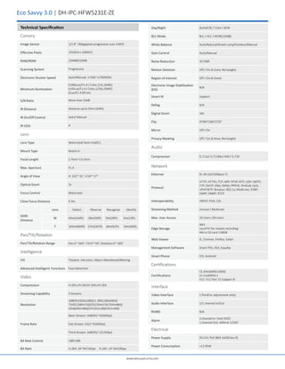www.dahuasecurity.com
Eco Savvy 3.0 | DH-IPC-HFW5231E-ZE
Technical Speciﬁcation
Camera
Image Sensor 1/2.8” 2Megapixel progressive scan CMOS
Effective Pixels 1920(H) x 1080(V)
RAM/ROM 256MB/32MB
Scanning System Progressive
Electronic Shutter Speed Auto/Manual, 1/3(4)~1/100000s
Minimum Illumination
0.006Lux/F1.4 ( Color,1/3s,30IRE)
0.05Lux/F1.4 ( Color,1/30s,30IRE)
0Lux/F1.4 (IR on)
S/N Ratio More than 50dB
IR Distance Distance up to 50m (164ft)
IR On/Off Control Auto/ Manual
IR LEDs 4
Lens
Lens Type Motorized/ Auto Iris(DC)
Mount Type Board-in
Focal Length 2.7mm~13.5mm
Max. Aperture F1.4
Angle of View H: 101°~31°, V:54°~17°
Optical Zoom 5x
Focus Control Motorized
Close Focus Distance 0.3m
DORI
Distance
Lens Detect Observe Recognize Identify
W 44m(144ft) 18m(59ft) 9m(29ft) 4m(13ft)
T 143m(469ft) 57m(187ft) 28m(92ft) 14m(46ft)
Pan/Tilt/Rotation
Pan/Tilt/Rotation Range Pan:0˚~360˚; Tilt:0˚~90˚; Rotation:0˚~360˚
Intelligence
IVS Tripwire, Intrusion, Object Abandoned/Missing
Advanced Intelligent Functions Face Detection
Video
Compression H.265+/H.265/H.264+/H.264
Streaming Capability 3 Streams
Resolution
1080P(1920x1080)/1.3M(1280x960)/
720P(1280×720)/D1(704×576/704×480)/
VGA(640×480)/CIF(352×288/352×240)
Frame Rate
Main Stream: 1080P(1~50/60fps)
Sub Stream: D1(1~50/60fps)
Third Stream: 1080P(1~25/30fps)
Bit Rate Control CBR/VBR
Bit Rate H.264: 24~9472Kbps H.265: 14~5632Kbps
Day/Night Auto(ICR) / Color / B/W
BLC Mode BLC / HLC / WDR(120dB)
White Balance Auto/Natural/Street Lamp/Outdoor/Manual
Gain Control Auto/Manual
Noise Reduction 3D DNR
Motion Detetion Off / On (4 Zone, Rectangle)
Region of Interest Off / On (4 Zone)
Electronic Image Stabilization
(EIS)
N/A
Smart IR Support
Defog N/A
Digital Zoom 16x
Flip 0°/90°/180°/270°
Mirror Off / On
Privacy Masking Off / On (4 Area, Rectangle)
Audio
Compression G.711a/ G.711Mu/ AAC/ G.726
Network
Ethernet RJ-45 (10/100Base-T)
Protocol
HTTP; HTTPs; TCP; ARP; RTSP; RTP; UDP; SMTP;
FTP; DHCP; DNS; DDNS; PPPOE; IPv4/v6; QoS;
UPnP;NTP; Bonjour; 802.1x; Multicast; ICMP;
IGMP; SNMP; RTCP
Interoperability ONVIF, PSIA, CGI
Streaming Method Unicast / Multicast
Max. User Access 10 Users /20 Users
Edge Storage
NAS
Local PC for instant recording
Mirco SD card 128GB
Web Viewer IE, Chrome, Firefox, Safari
Management Software Smart PSS, DSS, Easy4ip
Smart Phone IOS, Android
Certifications
Certifications
CE (EN 60950:2000)
UL:UL60950-1
FCC: FCC Part 15 Subpart B
Interface
Video Interface 1 Port(For adjustment only)
Audio Interface 1/1 channel In/Out
RS485 N/A
Alarm
2 channel In: 5mA 5VDC
1 channel Out: 300mA 12VDC
Electrical
Power Supply DC12V, PoE (802.3af)(Class 0)
Power Consumption <12.95W
 