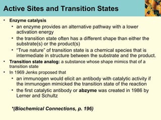 Active Sites and Transition States
•   Enzyme catalysis
    • an enzyme provides an alternative pathway with a lower
      activation energy
    • the transition state often has a different shape than either the
      substrate(s) or the product(s)
    • “True nature” of transition state is a chemical species that is
      intermediate in structure between the substrate and the product.
•   Transition state analog: a substance whose shape mimics that of a
    transition state
•   In 1969 Jenks proposed that
    • an immunogen would elicit an antibody with catalytic activity if
      the immunogen mimicked the transition state of the reaction
    • the first catalytic antibody or abzyme was created in 1986 by
      Lerner and Schultz

    *(Biochemical Connections, p. 196)
 