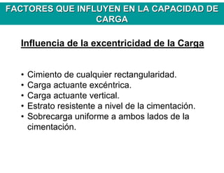 • Cimiento de cualquier rectangularidad.
• Carga actuante excéntrica.
• Carga actuante vertical.
• Estrato resistente a nivel de la cimentación.
• Sobrecarga uniforme a ambos lados de la
cimentación.
Influencia de la excentricidad de la Carga
FACTORES QUE INFLUYEN EN LA CAPACIDAD DEFACTORES QUE INFLUYEN EN LA CAPACIDAD DE
CARGACARGA
 