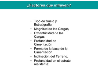• Tipo de Suelo y
Estratigrafía
• Magnitud de las Cargas
• Excentricidad de las
Cargas
• Profundidad de
Cimentación
• Forma de la base de la
Cimentación
• Inclinación del Terreno.
• Profundidad en el estrato
resistente.
¿¿Factores que influyen?Factores que influyen?
 