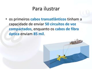 Para ilustrar
• os primeiros cabos transatlânticos tinham a
  capacidade de enviar 50 circuitos de voz
  compactados, enquanto os cabos de fibra
  óptica enviam 85 mil.
 