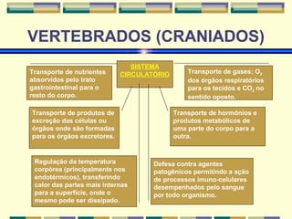 VERTEBRADOS (CRANIADOS) 
SISTEMA 
Transporte de nutrientes CIRCULATÓRIO 
absorvidos pelo trato 
gastrointestinal para o 
resto do corpo. 
Transporte de gases; O2 
dos órgãos respiratórios 
para os tecidos e CO2 no 
sentido oposto. 
Transporte de produtos de 
excreção das células ou 
órgãos onde são formadas 
para os órgãos excretores. 
Transporte de hormônios e 
produtos metabólicos de 
uma parte do corpo para a 
outra. 
Regulação da temperatura 
corpórea (principalmente nos 
endotérmicos), transferindo 
calor das partes mais internas 
para a superfície, onde o 
mesmo pode ser dissipado. 
Defesa contra agentes 
patogênicos permitindo a ação 
de processos imuno-celulares 
desempenhados pelo sangue 
por todo organismo. 
 