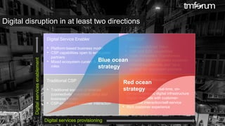© 2017 TM Forum | 10
Digital Service Enabler
• Platform-based business model
• CSP capabilities open to ecosystem
partners
• Mixed ecosystem curator & participant
roles
2020 CSP
• Software-defined Telco
• DSP and DSE capabilities
• Agile, Innovative, Transformed
• Analytics driven to create customer-
defined experiences and “as-a-
service” for ecosystem partners
Traditional CSP
• Traditional sources of revenue
(connectivity, voice/text, data) and
business model
• CSP-controlled customer interaction
Digital Service Provider
• Highly automated, real-time, on-
demand dynamic digital infrastructure
Digital channels with customer-
controlled interaction/self-service
• Rich customer experience
Digital services provisioning
Digitalservicesenablement
Digital disruption in at least two directions
Red ocean
strategy
Blue ocean
strategy
 