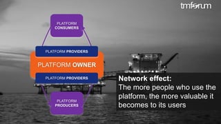 © 2017 TM Forum | 15
PLATFORM
PRODUCERS
PLATFORM
CONSUMERS
PLATFORM OWNER
PLATFORM PROVIDERS
PLATFORM PROVIDERS Network effect:
The more people who use the
platform, the more valuable it
becomes to its users
 