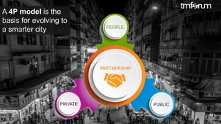 © 2017 TM Forum | 9
A 4P model is the
basis for evolving to
a smarter city PEOPLE
PUBLICPRIVATE
PARTNERSHIP
 