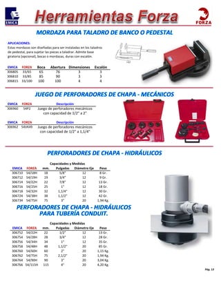Pág. 13
306766 54/115H 115 4" 20 4,20 Kg.
306764 54/90H 90 3" 20 3,04 Kg.
306762 54/75H 75 2,1/2" 20 1,94 Kg.
306760 54/60H 60 2" 20 1,15 Kg.
306758 54/48H 48 1,1/2" 20 85 Gr.
306756 54/34H 34 1" 12 35 Gr.
306754 54/28H 28 3/4" 12 28 Gr.
Peso
306752 54/22H 22 1/2" 12 13 Gr.
Capacidades y Medidas
Capacidades y Medidas
EMICA FORZA mm. Pulgadas Diámetro Eje
306734 54/75H 75 3" 20 1,94 Kg.
306724 54/38H 38 1,1/2" 12 42 Gr.
306718 54/32H 32 1,1/4" 12 30 Gr.
306716 54/25H 25 1" 12 18 Gr.
306714 54/22H 22 7/8" 12 13 Gr.
Peso
12 8 Gr.
306712 54/19H 19 3/4" 12 9 Gr.
con capacidad de 1/2" a 1,1/4"
EMICA FORZA
306710 54/18H
mm.
18
Pulgadas
5/8"
Diámetro Eje
EMICA FORZA Descripción
306962 54VK49 Juego de perforadores mecánicos
306960 54P2 Juego de perforadores mecánicos
90
100
con capacidad de 1/2" a 2"
Boca
65
3
4
EMICA FORZA Descripción
3
4
306810 33/85
306815 33/100
85
100
EMICA FORZA
306805 33/65
Abertura
76
Escalón
3
Dimensiones
3
APLICACIONES:
Estas mordazas son diseñadas para ser instaladas en los taladros
de pedestal, para sujetar las piezas a taladrar. Admite base
giratoria (opcional), bocas o mordazas, duras con escalón.
 