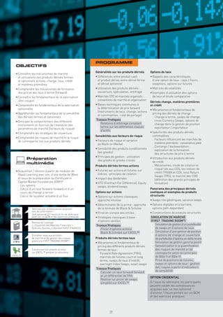 PROGRAMME
  OBJECTIFS
                                                              Généralités sur les produits dérivés        Options de taux
  • Connaître les mécanismes de marché
    et utilisations des produits dérivés fermes               • Différences entre produit cash            • Rappels des caractéristiques
    et optionnels actions, change, taux, crédit                 et produit dérivé, entre dérivé ferme       d’une option de taux : caps / ﬂoors,
    et matières premières                                       et dérivé optionnel                         swaptions, options sur futures
  • Comprendre les mécanismes de formation                    • Utilisation des produits dérivés :        • Matrices de volatilités
    des prix et des taux à terme (forward)                      couverture, spéculation, arbitrage        • Exemples d’utilisation des options
  • Connaître les fondamentaux de la valorisation             • Marchés OTC et marchés organisés :          de taux et étude comparative
    zéro-coupon                                                 conventions de marché et organisation
                                                                                                          Dérivés change, matières premières
  • Comprendre les fondamentaux de la valorisation            • Bases techniques communes à               et crédit
    optionnelle                                                 la détermination de prix forward
                                                                                                          • Mécanismes et fondamentaux de
                                                                (instruments de taux, change, actions
  • Appréhender les fondamentaux de la sensibilité                                                          pricing des dérivés de change
                                                                et commodities : coût de portage)
    des dérivés fermes et optionnels                                                                        . Change à terme, swaps de change,
                                                              Travaux Pratiques                               cross Currency Swaps, options de
  • Anticiper le comportement des différents
                                                               . Relations d’arbitrage comptant               change dans la gestion de position
    instruments en fonction de l’évolution des
                                                                 terme sur les différentes classes            exportateur / importateur
    paramètres de marché (facteurs de risque)
                                                                 d’actifs
  • Comprendre les stratégies de couverture                                                               • Spéciﬁcités des produits dérivés
                                                              Sensibilités aux facteurs de risque           commodities
  • Comprendre les risques de marché et le risque
                                                              • Facteurs de risque et variation             . Facteurs inﬂuençant les marchés de
    de contrepartie liés aux produits dérivés
                                                                du Mark-to-Market                             matières premières : convenience yield
                                                                                                            . Contango / backwardation :
                                                              • Sensibilité des produits conditionnels        explication de la formation
                                                                (les greeks)                                  des structures de prix à terme
                                                              • Principes de gestion : utilisation        • Introduction aux produits dérivés
          Préparation                                           des greeks et greeks croisés                de crédit
          multimédia
                                                              Produits dérivés fermes actions               . Mécanismes, mode de cotation et
                                                              • Futures sur actions et futures sur            risqué liés aux CDS, les indices de
  • Acquisition / révision à partir de modules de                                                             crédit ITRAXX et CDX, total Return
    Rapid Learning avec son, d’une durée de 30mn                indices : principes de cotation
                                                                                                              Swaps (TRS), le marché des CDO
    et issus de la préparation au Certiﬁcate in               • Impact des dividendes                         (déﬁnition des grands principes de
    Capital Market Foundations (CMF)®                         • CFD (Contract For Difference), Equity         titrisation)
    . Les options                                               swaps, dividend swaps
    . Calcul d’un taux forward-forward et d’un                                                            Panorama des principaux dérivés
      cours de change à terme                                 Options sur actions                         exotiques et exemples de produits
    . Calcul de la valeur actuelle d’un ﬂux                   • Options sur actions classiques :          structurés
                                                                approche intuitive                        • Swaps non génériques, variance swaps
                                                              • Déterminants de la prime : approche       • Options digitales et à barrière,
              Valorisez vos connaissances acquises              de la formule de Black & Scholes            options path-dependent
              lors de la formation !
                                                              • Prise en compte des smiles                • Constructions de produits structurés
              Test optionnel d’1 heure en ﬁn de séminaire
              basé sur un QCM et des exercices pratiques      • Stratégies classiques à base              SIMULATION DE MARCHÉ
                                                                d’options vanilles                        (FIRST TRADING ROOM®)
              Remise de l’ouvrage
              « L’Essentiel des Marchés Financiers »          Travaux Pratiques                            . Simulation de gestion d’un portefeuille
              (Éditions Eyrolles, Collection FIRST FINANCE)    . Pricer d’options actions                    de swaps et d’options de taux
                                                                 Black & Scholes sur EXCEL™                . Simulation d’une gestion de position
              Entraînez-vous aux activités                                                                   d’options de change et couverture
              de marché et de gestion des risques             Produits dérivés fermes taux                   de portefeuille d’options en delta neutre
              grâce à la FIRST TRADING ROOM® !
                                                              • Mécanismes et fondamentaux de              . Simulation de gestion gamma positif
                                                                pricing des différents produits dérivés    . Sensibilisation à la quantiﬁcation
              Construisez vos propres pricers                   fermes de taux :                             des risques de marché et de
              sur EXCEL™ pendant le séminaire !                 . Forward Rate Agreement (FRA),              contrepartie selon les principes
EXCEL™
                                                                  marchés de futures court et long           de Bâle II et Bâle III
                                                                  terme, swaps de taux d’intérêt,          . Prise de positions de futures,
                                                                  overnight Index Swaps, asset swaps         swaps et options de taux ; gestion
                                                              Travaux Pratiques                              des risques à partir d’indicateurs
                                                               . Calculer un taux forward-forward            de sensibilité
                                                                 et un différentiel de FRA
                                                                                                          OPTION CREDENTIAL
                                                               . Réaliser un pricer de swaps
                                                                 simpliﬁé sur EXCEL™                      À l’issue du séminaire, les participants
                                                                                                          peuvent valider les connaissances
                                                                                                          acquises avec un test optionnel
                                                                                                          d’environ 1 heure portant sur un QCM
                                                                Copyright First Finance©




                                                                                                          et des exercices pratiques




                                                                                           19
 