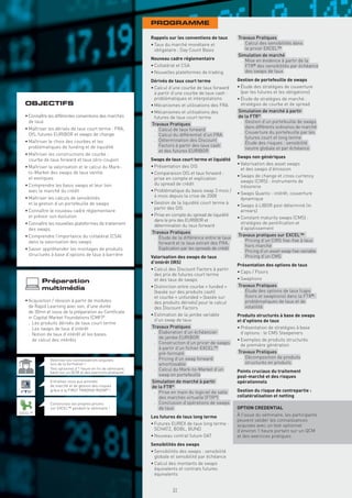 PROGRAMME

                                                             Rappels sur les conventions de taux         Travaux Pratiques
                                                             • Taux du marché monétaire et                . Calcul des sensibilités dans
                                                               obligataire : Day Count Basis                le pricer EXCEL™
                                                                                                         Simulation de marché
                                                             Nouveau cadre réglementaire                  . Mise en évidence à partir de la
                                                             • Collatéral et CSA                            FTR® des sensibilités par échéance
                                                             • Nouvelles plateformes de trading             des swaps de taux

                                                             Dérivés de taux court terme                 Gestion de portefeuille de swaps
                                                             • Calcul d’une courbe de taux forward       • Étude des stratégies de couverture
                                                               à partir d’une courbe de taux cash :        (par les futures et les obligations)
                                                               problématiques et interpolations          • Étude de stratégies de marché :
  OBJECTIFS                                                  • Mécanismes et utilisations des FRA          stratégies de courbe et de spread
                                                             • Mécanismes et utilisations des            Simulation de marché à partir
  • Connaître les différentes conventions des marchés          futures de taux court terme               de la FTR®
    de taux                                                                                                . Gestion d’un portefeuille de swaps
                                                             Travaux Pratiques
  • Maîtriser les dérivés de taux court terme : FRA,                                                         dans différents scénarios de marché
                                                               . Calcul de taux forward
    OIS, futures EURIBOR et swaps de change                                                                . Couverture du portefeuille par les
                                                               . Calcul du différentiel d’un FRA
                                                                                                             futures court et long terme
  • Maîtriser le choix des courbes et les                      . Détermination des Discount
                                                                                                           . Étude des risques : sensibilité
    problématiques de funding et de liquidité                    Factors à partir des taux cash
                                                                                                             neutre globale et par échéance
                                                                 et des futures EURIBOR
  • Maîtriser les constructions de courbe :
                                                                                                         Swaps non génériques
    courbe de taux forward et taux zéro-coupon               Swaps de taux court terme et liquidité
                                                                                                         • Valorisation des asset swaps
  • Maîtriser la valorisation et le calcul du Mark-          • Présentation des OIS
                                                                                                           et des swaps d’émission
    to-Market des swaps de taux vanille                      • Comparaison OIS et taux forward :
    et exotiques                                                                                         • Swaps de change et cross currency
                                                               prise en compte et explication
                                                                                                           swaps (CIRS) : instruments de
  • Comprendre les basis swaps et leur lien                    du spread de crédit
                                                                                                           trésorerie
    avec le marché du crédit                                 • Problématique du basis swap 3 mois /
                                                                                                         • Swaps Quanto : intérêt, couverture
  • Maîtriser les calculs de sensibilités                      6 mois depuis la crise de 2008
                                                                                                           dynamique
    et la gestion d’un portefeuille de swaps                 • Gestion de la liquidité court terme à
                                                                                                         • Swaps à LIBOR post déterminé (in
                                                               partir des OIS
  • Connaître le nouveau cadre réglementaire                                                               arrears)
    et prévoir son évolution                                 • Prise en compte du spread de liquidité
                                                                                                         • Constant maturity swaps (CMS) :
                                                               dans le prix des EURIBOR et
  • Connaître les nouvelles plateformes de traitement                                                      stratégies de pentiﬁcation et
                                                               détermination du taux forward
    des swaps                                                                                              d’aplatissement
                                                             Travaux Pratiques
  • Comprendre l’importance du collatéral (CSA)                                                          Travaux pratiques sur EXCEL™
                                                               . Étude de la différence entre le taux
    dans la valorisation des swaps                                                                         . Pricing d’un CIRS ﬁxe-ﬁxe à taux
                                                                 forward et le taux extrait des FRA.
                                                                                                              hors marché
  • Savoir appréhender les montages de produits                  Explication par les spreads de crédit
                                                                                                           . Pricing d’un asset swap ﬁxe-variable
    structurés à base d’options de taux à barrière                                                         . Pricing d’un CMS
                                                             Valorisation des swaps de taux
                                                             d’intérêt (IRS)
                                                                                                         Présentation des options de taux
                                                             • Calcul des Discount Factors à partir
                                                                                                         • Caps / Floors
                                                               des prix de futures court terme
                                                               et des taux de swaps                      • Swaptions
          Préparation
                                                             • Distinction entre courbe « funded »       Travaux Pratiques
          multimédia                                                                                       . Étude des options de taux (caps
                                                               (basée sur des produits cash)
                                                               et courbe « unfunded » (basée sur             ﬂoors et swaptions) dans la FTR®:
  • Acquisition / révision à partir de modules                 des produits dérivés) pour le calcul          problématiques de taux et de
    de Rapid Learning avec son, d’une durée                    des Discount Factors                          volatilité
    de 30mn et issus de la préparation au Certiﬁcate
                                                             • Estimation de la jambe variable           Produits structurés à base de swaps
    in Capital Market Foundations (CMF)®
                                                               d’un swap de taux                         et d’options de taux
    . Les produits dérivés de taux court terme
    . Les swaps de taux d’intérêt                            Travaux Pratiques                           • Présentation de stratégies à base
    . Notion de taux d’intérêt et les bases                    . Élaboration d’un échéancier               d’options : le CMS Steepeners
                                                                 de jambe EURIBOR                        • Exemples de produits structurés
      de calcul des intérêts
                                                               . Construction d’un pricer de swaps         de première génération
                                                                 à partir d’un ﬁchier EXCEL™
                                                                 pré-formaté                             Travaux Pratiques
                                                               . Pricing d’un swap forward                 . Décomposition de produits
              Valorisez vos connaissances acquises
              lors de la formation !                             amortissable                                structurés en produits
              Test optionnel d’1 heure en ﬁn de séminaire,     . Calcul du Mark-to-Market d’un
              basé sur un QCM et des exercices pratiques                                                 Points cruciaux du traitement
                                                                 swap en portefeuille                    post-marché et des risques
              Entraînez-vous aux activités                   Simulation de marché à partir               opérationnels
              de marché et de gestion des risques            de la FTR®
              grâce à la FIRST TRADING ROOM® !
                                                               . Prise en main du logiciel de salle      Gestion du risque de contrepartie :
                                                                 des marchés virtuelle (FTR®)            collatéralisation et netting
              Construisez vos propres pricers                  . Conclusion d’opérations de swaps
              sur EXCEL™ pendant le séminaire !                  de taux                                 OPTION CREDENTIAL
EXCEL™
                                                             Les futures de taux long terme              À l’issue du séminaire, les participants
                                                                                                         peuvent valider les connaissances
                                                             • Futures EUREX de taux long terme :        acquises avec un test optionnel
                                                               SCHATZ, BOBL, BUND                        d’environ 1 heure portant sur un QCM
                                                             • Nouveau contrat future OAT                et des exercices pratiques
                                                             Sensibilités des swaps
                                                             • Sensibilités des swaps : sensibilité
                                                               globale et sensibilité par échéance
                                                             • Calcul des montants de swaps
                                                               équivalents et contrats futures
                                                               équivalents


                                                                        31
 