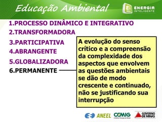1.PROCESSO DINÂMICO E INTEGRATIVO
2.TRANSFORMADORA
3.PARTICIPATIVA
4.ABRANGENTE
5.GLOBALIZADORA
6.PERMANENTE
A evolução do senso
crítico e a compreensão
da complexidade dos
aspectos que envolvem
as questões ambientais
se dão de modo
crescente e continuado,
não se justificando sua
interrupção
Educação Ambiental
 