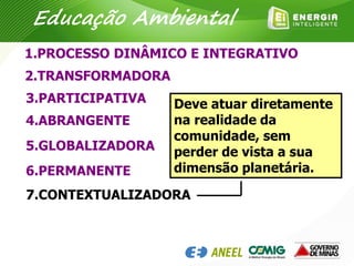 1.PROCESSO DINÂMICO E INTEGRATIVO
2.TRANSFORMADORA
3.PARTICIPATIVA
4.ABRANGENTE
5.GLOBALIZADORA
6.PERMANENTE
7.CONTEXTUALIZADORA
Deve atuar diretamente
na realidade da
comunidade, sem
perder de vista a sua
dimensão planetária.
Educação Ambiental
 