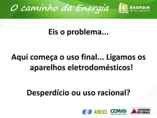 Eis o problema...
Aqui começa o uso final... Ligamos os
aparelhos eletrodomésticos!
Desperdício ou uso racional?
O caminho da Energia
 