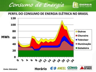0
20
40
60
80
100
120
Outros
Chuveiro
Televisor
Iluminação
Geladeira
Horário
PERFIL DO CONSUMO DE ENERGIA ELÉTRICA NO BRASIL
Fonte: Eletrobrás
MWh
Consumo de Energia
 