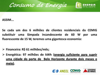 ASSIM...
Se cada um dos 6 milhões de clientes residenciais da CEMIG
substituir uma lâmpada incandescente de 60 W por uma
fluorescente de 15 W, teremos uma gigantesca economia:
 Financeira: R$ 61 milhões/mês;
 Energética: 97 milhões de kWh (energia suficiente para suprir
uma cidade do porte de Belo Horizonte durante dois meses e
meio).
Consumo de Energia
 