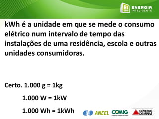 kWh é a unidade em que se mede o consumo
elétrico num intervalo de tempo das
instalações de uma residência, escola e outras
unidades consumidoras.
Certo. 1.000 g = 1kg
1.000 W = 1kW
1.000 Wh = 1kWh
 