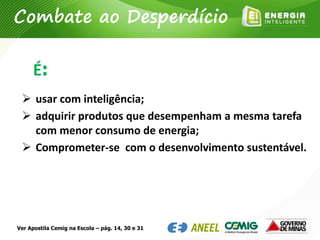  usar com inteligência;
 adquirir produtos que desempenham a mesma tarefa
com menor consumo de energia;
 Comprometer-se com o desenvolvimento sustentável.
É:
Combate ao Desperdício
Ver Apostila Cemig na Escola – pág. 14, 30 e 31
 