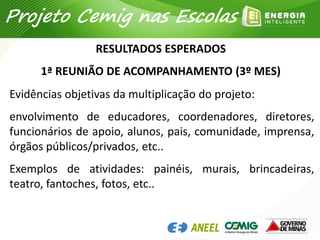 Evidências objetivas da multiplicação do projeto:
envolvimento de educadores, coordenadores, diretores,
funcionários de apoio, alunos, pais, comunidade, imprensa,
órgãos públicos/privados, etc..
Exemplos de atividades: painéis, murais, brincadeiras,
teatro, fantoches, fotos, etc..
RESULTADOS ESPERADOS
1ª REUNIÃO DE ACOMPANHAMENTO (3º MES)
Projeto Cemig nas Escolas
 