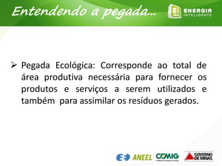 Entendendo a pegada...
 Pegada Ecológica: Corresponde ao total de
área produtiva necessária para fornecer os
produtos e serviços a serem utilizados e
também para assimilar os resíduos gerados.
 