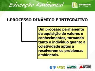 1.PROCESSO DINÂMICO E INTEGRATIVO
Um processo permanente
de aquisição de valores e
conhecimentos, tornando
tanto o indivíduo quanto a
coletividade aptos a
resolverem os problemas
ambientais.
Educação Ambiental
 