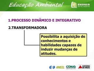 1.PROCESSO DINÂMICO E INTEGRATIVO
2.TRANSFORMADORA
Possibilita a aquisição de
conhecimentos e
habilidades capazes de
induzir mudanças de
atitudes.
Educação Ambiental
 