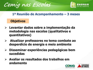  Levantar dados sobre a implementação da
metodologia nas escolas (qualitativos e
quantitativos)
 Atualizar professores no tema combate ao
desperdício de energia e meio ambiente
 Disseminar experiências pedagógicas bem
sucedidas
 Avaliar os resultados dos trabalhos em
andamento
Objetivos
1ª Reunião de Acompanhamento – 3 meses
Cemig nas Escolas
 