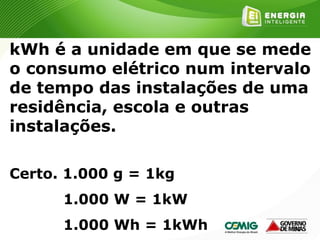 152
kWh é a unidade em que se mede
o consumo elétrico num intervalo
de tempo das instalações de uma
residência, escola e outras
instalações.
Certo. 1.000 g = 1kg
1.000 W = 1kW
1.000 Wh = 1kWh
 