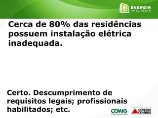162
Cerca de 80% das residências
possuem instalação elétrica
inadequada.
Certo. Descumprimento de
requisitos legais; profissionais
habilitados; etc.
 