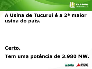 184
A Usina de Tucurui é a 2ª maior
usina do país.
Certo.
Tem uma potência de 3.980 MW.
 