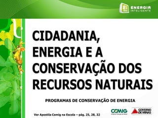 PROGRAMAS DE CONSERVAÇÃO DE ENERGIA
Ver Apostila Cemig na Escola – pág. 25, 28, 32
 
