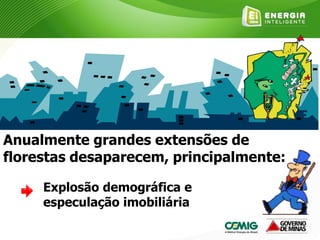 Anualmente grandes extensões de
florestas desaparecem, principalmente:
Explosão demográfica e
especulação imobiliária
 