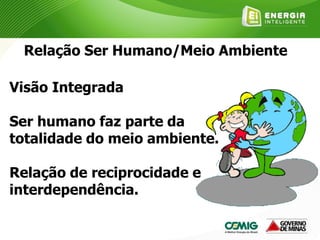 Relação Ser Humano/Meio Ambiente
Visão Integrada
Ser humano faz parte da
totalidade do meio ambiente.
Relação de reciprocidade e
interdependência.
 
