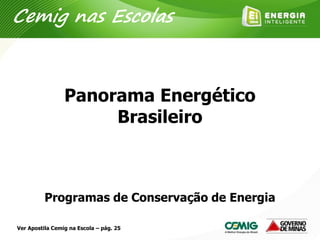 Panorama Energético
Brasileiro
Programas de Conservação de Energia
Ver Apostila Cemig na Escola – pág. 25
Cemig nas Escolas
 