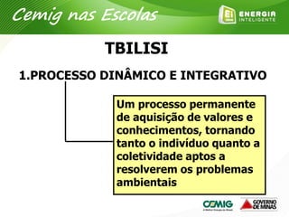 1.PROCESSO DINÂMICO E INTEGRATIVO
Um processo permanente
de aquisição de valores e
conhecimentos, tornando
tanto o indivíduo quanto a
coletividade aptos a
resolverem os problemas
ambientais
TBILISI
Cemig nas Escolas
 