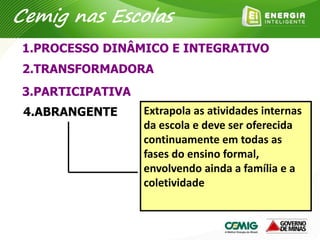 1.PROCESSO DINÂMICO E INTEGRATIVO
2.TRANSFORMADORA
3.PARTICIPATIVA
4.ABRANGENTE Extrapola as atividades internas
da escola e deve ser oferecida
continuamente em todas as
fases do ensino formal,
envolvendo ainda a família e a
coletividade
Cemig nas Escolas
 