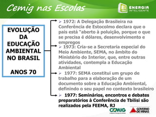 EVOLUÇÃO
DA
EDUCAÇÃO
AMBIENTAL
NO BRASIL
ANOS 70  1977: SEMA constitui um grupo de
trabalho para a elaboração de um
documento sobre a Educação Ambiental,
definindo o seu papel no contexto brasileiro
 1973: Cria-se a Secretaria especial do
Meio Ambiente, SEMA, no âmbito do
Ministério do Interior, que, entre outras
atividades, contempla a Educação
Ambiental
 1972: A Delegação Brasileira na
Conferência de Estocolmo declara que o
país está “aberto à poluição, porque o que
se precisa é dólares, desenvolvimento e
empregos
 1977: Seminários, encontros e debates
preparatórios à Conferência de Tbilisi são
realizados pela FEEMA, RJ
Cemig nas Escolas
 