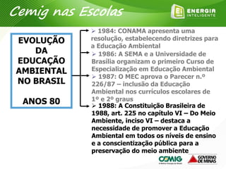  1984: CONAMA apresenta uma
resolução, estabelecendo diretrizes para
a Educação Ambiental
EVOLUÇÃO
DA
EDUCAÇÃO
AMBIENTAL
NO BRASIL
ANOS 80
 1987: O MEC aprova o Parecer n.º
226/87 – inclusão da Educação
Ambiental nos currículos escolares de
1º e 2º graus
 1986: A SEMA e a Universidade de
Brasília organizam o primeiro Curso de
Especialização em Educação Ambiental
 1988: A Constituição Brasileira de
1988, art. 225 no capítulo VI – Do Meio
Ambiente, inciso VI – destaca a
necessidade de promover a Educação
Ambiental em todos os níveis de ensino
e a conscientização pública para a
preservação do meio ambiente
Cemig nas Escolas
 