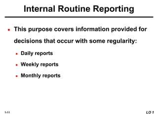 1-11 LO 1
Internal Routine Reporting
● This purpose covers information provided for
decisions that occur with some regularity:
● Daily reports
● Weekly reports
● Monthly reports
 