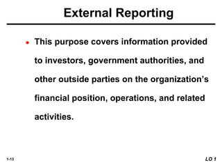 1-13 LO 1
External Reporting
● This purpose covers information provided
to investors, government authorities, and
other outside parties on the organization’s
financial position, operations, and related
activities.
 