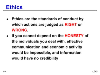 1-20
● Ethics are the standards of conduct by
which actions are judged as RIGHT or
WRONG.
● If you cannot depend on the HONESTY of
the individuals you deal with, effective
communication and economic activity
would be impossible, and information
would have no credibility
Ethics
LO 2
 