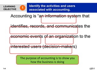 1-4
LEARNING
OBJECTIVE
Identify the activities and users
associated with accounting.
1
LO 1
Accounting is “an information system that
identifies, records, and communicates the
economic events of an organization to the
interested users (decision-makers)
The purpose of accounting is to show you
how the business is doing
 