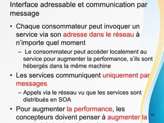 Interface adressable et communication par
message
• Chaque consommateur peut invoquer un
service via son adresse dans le réseau à
n’importe quel moment
– Le consommateur peut accéder localement au
service pour augmenter la performance, s’ils sont
hébergés dans la même machine
• Les services communiquent uniquement par
messages
– Appels via le réseau vu que les services sont
distribués en SOA
• Pour augmenter la performance, les
concepteurs doivent penser à augmenter la
14
 