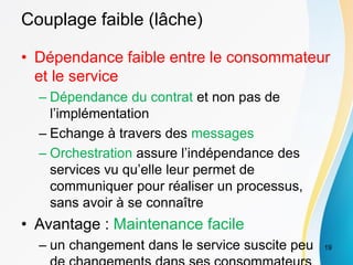 Couplage faible (lâche)
• Dépendance faible entre le consommateur
et le service
– Dépendance du contrat et non pas de
l’implémentation
– Echange à travers des messages
– Orchestration assure l’indépendance des
services vu qu’elle leur permet de
communiquer pour réaliser un processus,
sans avoir à se connaître
• Avantage : Maintenance facile
– un changement dans le service suscite peu 19
 
