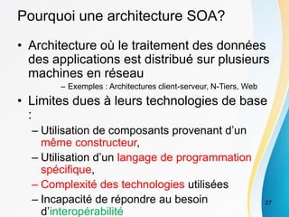 Pourquoi une architecture SOA?
• Architecture où le traitement des données
des applications est distribué sur plusieurs
machines en réseau
– Exemples : Architectures client-serveur, N-Tiers, Web
• Limites dues à leurs technologies de base
:
– Utilisation de composants provenant d’un
même constructeur,
– Utilisation d’un langage de programmation
spécifique,
– Complexité des technologies utilisées
– Incapacité de répondre au besoin
d’interopérabilité
27
 