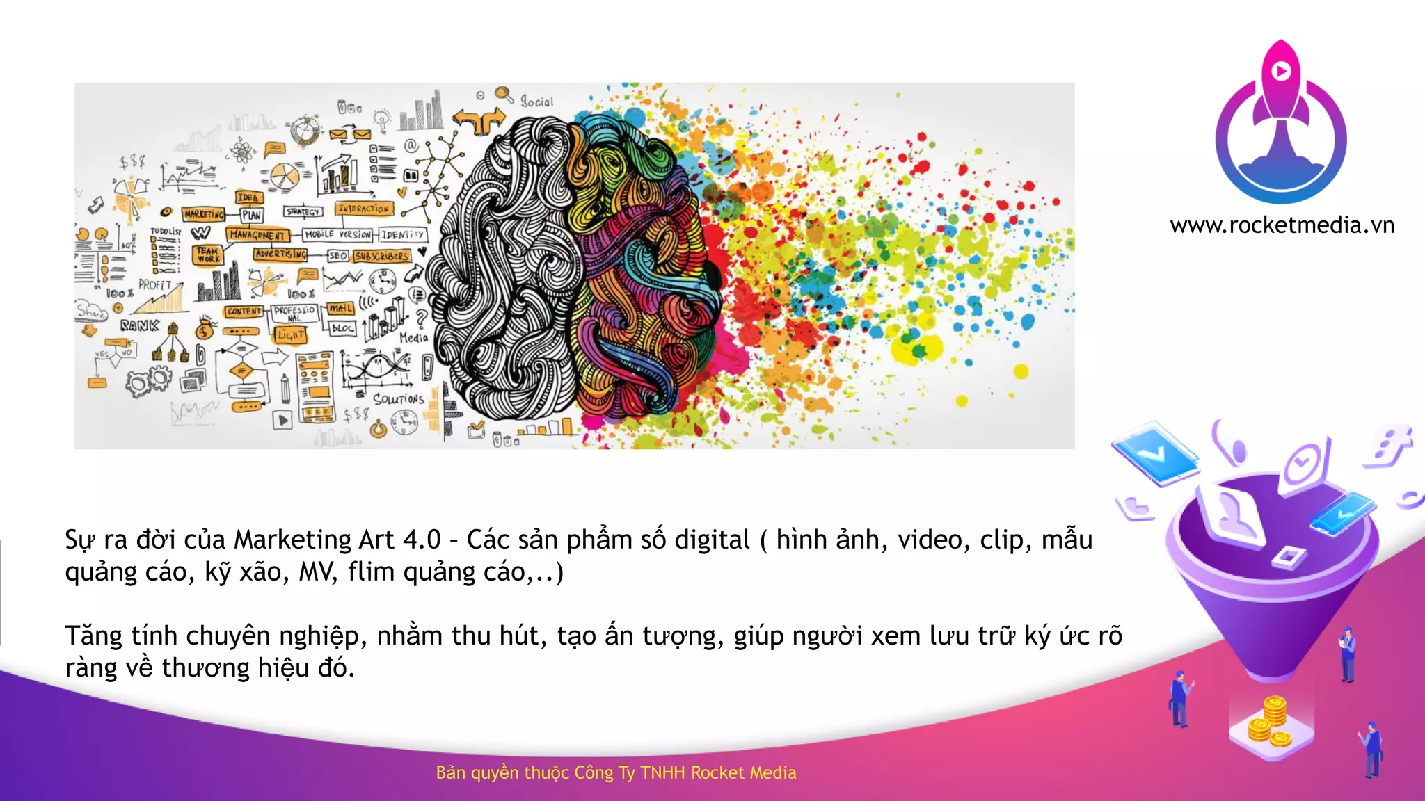 Bản quyền thuộc Công Ty TNHH Rocket Media
www.rocketmedia.vn
Sự ra đời của Marketing Art 4.0 – Các sản phẩm số digital ( hình ảnh, video, clip, mẫu
quảng cáo, kỹ xão, MV, flim quảng cáo,..)
Tăng tính chuyên nghiệp, nhằm thu hút, tạo ấn tượng, giúp người xem lưu trữ ký ức rõ
ràng về thương hiệu đó.
 