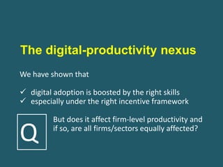 The digital-productivity nexus
We have shown that
✓ digital adoption is boosted by the right skills
✓ especially under the right incentive framework
But does it affect firm-level productivity and
if so, are all firms/sectors equally affected?
Q
 