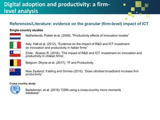 Digital adoption and productivity: a firm-
level analysis
References/Literature: evidence on the granular (firm-level) impact of ICT
Single-country studies
Netherlands: Polder et al. (2009). "Productivity effects of innovation modes”
Italy: Hall et al. (2012), “Evidence on the impact of R&D and ICT investment
• on innovation and productivity in Italian firms”
Chile: Álvarez R. (2016), ‘The impact of R&D and ICT. Investment on innovation and
productivity in chilean firms',
• Belgium: Dhyne et al. (2017), “IT and Productivity
New Zealand: Fabling and Grimes (2016), “Does ultrafast broadband increase firm
productivity”
Cross country study
Bartelsman, et al. (2016) “CDM using a cross-country micro moments
database”
 