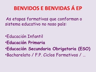 BENVIDOS E BENVIDAS ? EP
As etapas formativas que conforman o
sistema educativo no noso pas:

?Educacin Infantil
?Educacin Primaria
?Educacin Secundaria Obrigatoria (ESO)
?Bacharelato / F.P. Ciclos Formativos / 
 
