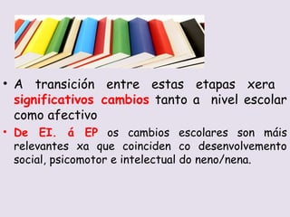 ? A transicin entre estas etapas xera
  significativos cambios tanto a nivel escolar
  como afectivo
? De EI.  EP os cambios escolares son mis
  relevantes xa que coinciden co desenvolvemento
  social, psicomotor e intelectual do neno/nena.
 