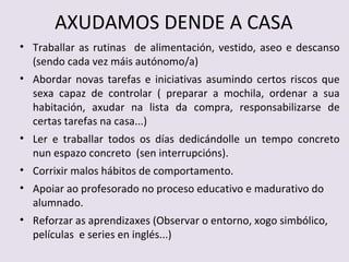 AXUDAMOS DENDE A CASA
? Traballar as rutinas de alimentacin, vestido, aseo e descanso
  (sendo cada vez mis autnomo/a)
? Abordar novas tarefas e iniciativas asumindo certos riscos que
  sexa capaz de controlar ( preparar a mochila, ordenar a sua
  habitacin, axudar na lista da compra, responsabilizarse de
  certas tarefas na casa...)
? Ler e traballar todos os das dedicndolle un tempo concreto
  nun espazo concreto (sen interrupcins).
? Corrixir malos hbitos de comportamento.
? Apoiar ao profesorado no proceso educativo e madurativo do
  alumnado.
? Reforzar as aprendizaxes (Observar o entorno, xogo simblico,
  pelculas e series en ingls...)
 